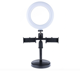 Кольцевая светодиодная лампа Raygood CXB-160A ( диаметр 16 см ) с держателями для двух телефонов на металлической платформе с выдвижной стойкой ( высота 38.5 - 49.5 см ). Для блогера, селфи, фото. - Сервис Плюс Рус