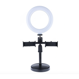 Кольцевая светодиодная лампа Raygood CXB-160A ( диаметр 16 см ) с держателями для двух телефонов на металлической платформе с выдвижной стойкой ( высота 38.5 - 49.5 см ). Для блогера, селфи, фото. - Сервис Плюс Рус