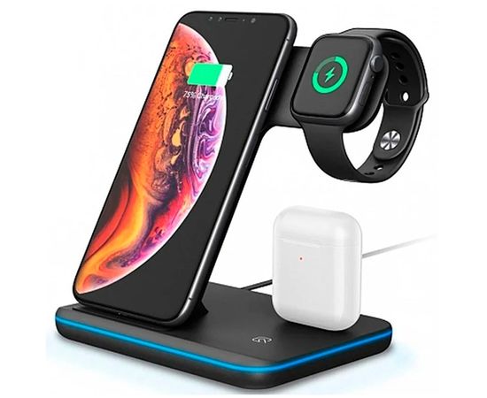 Беспроводное зарядное устройство для телефонов Apple iPhone, Samsung, Huawei, смарт часов Apple Watch / Беспроводная зарядка для наушников AirPods и AirPods Pro / Док-станция 3 в 1 с Быстрой зарядкой 15W и подсветкой по периметру - Сервис Плюс Рус