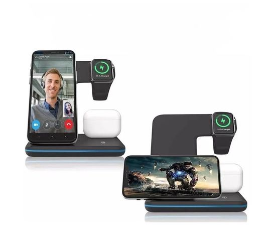 Беспроводное зарядное устройство для телефонов Apple iPhone, Samsung, Huawei, смарт часов Apple Watch / Беспроводная зарядка для наушников AirPods и AirPods Pro / Док-станция 3 в 1 с Быстрой зарядкой 15W и подсветкой по периметру - Сервис Плюс Рус