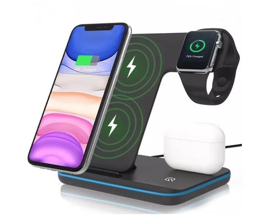 Беспроводное зарядное устройство для телефонов Apple iPhone, Samsung, Huawei, смарт часов Apple Watch / Беспроводная зарядка для наушников AirPods и AirPods Pro / Док-станция 3 в 1 с Быстрой зарядкой 15W и подсветкой по периметру - Сервис Плюс Рус