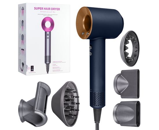 Фен для волос, Набор для укладки волос VanTech Super Hair Dryer, Синий с золотом - Сервис Плюс Рус