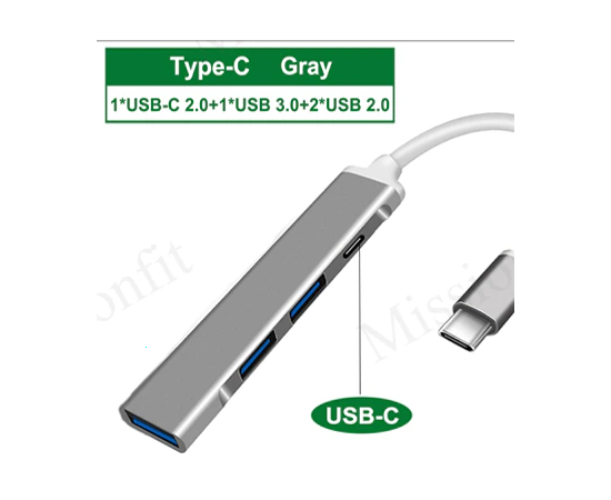 USB Type-C разветвитель, USB Hub для периферийных устройств, USB концентратор на 4 порта (серый) - Сервис Плюс Рус